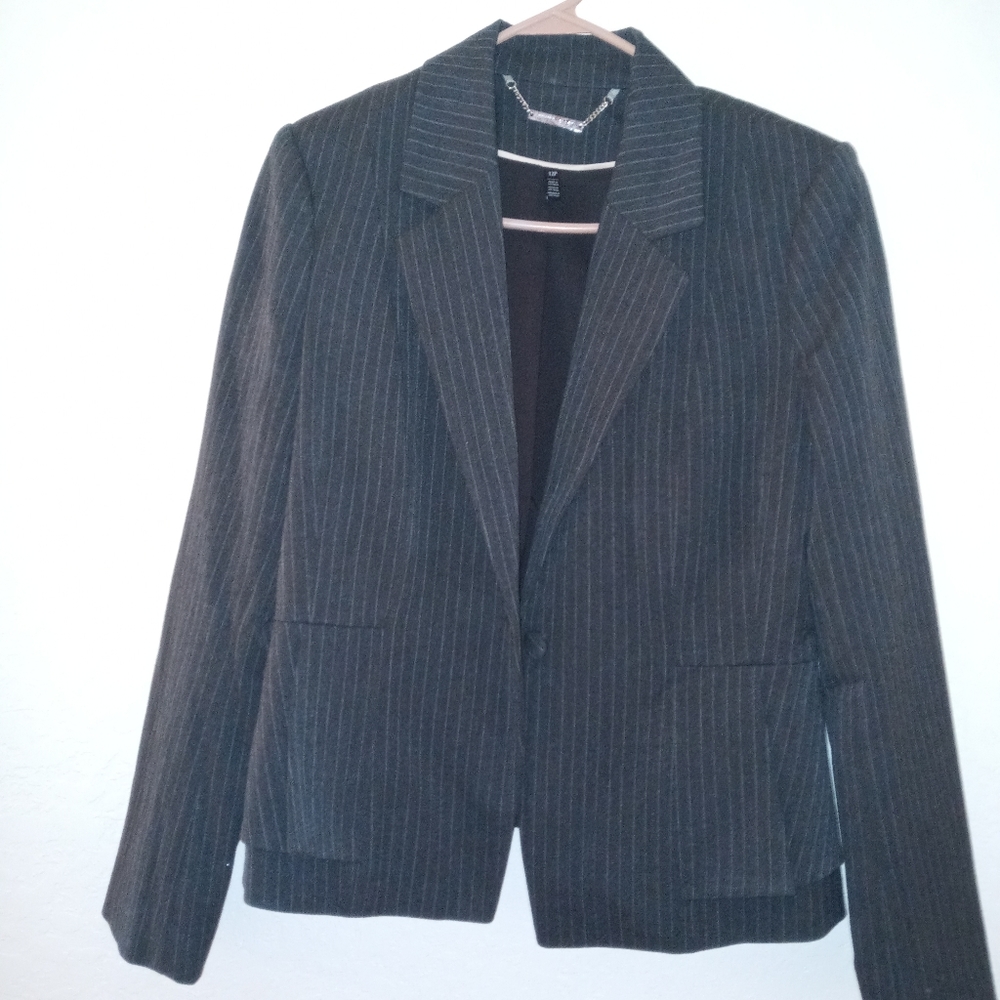 White House Black Market Gray pinstripe blazer with faux pearl accents